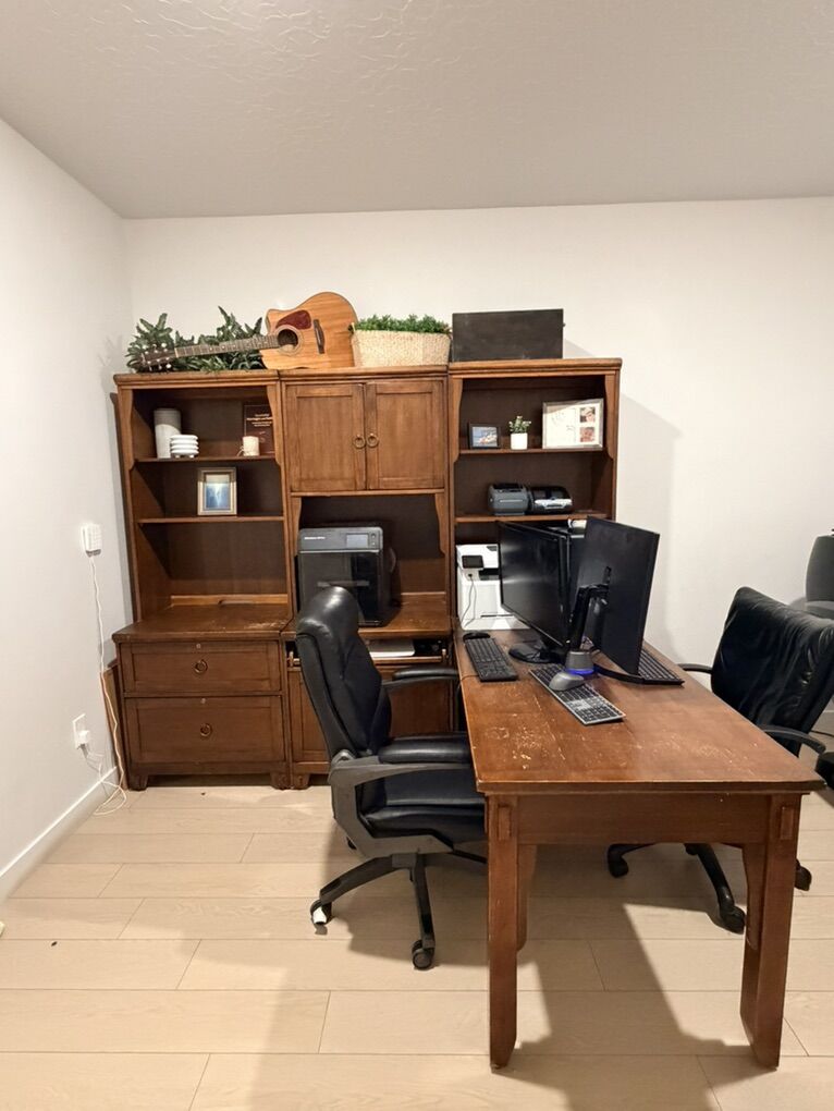 Large Wood Office Desk With Built In Storage Hutch