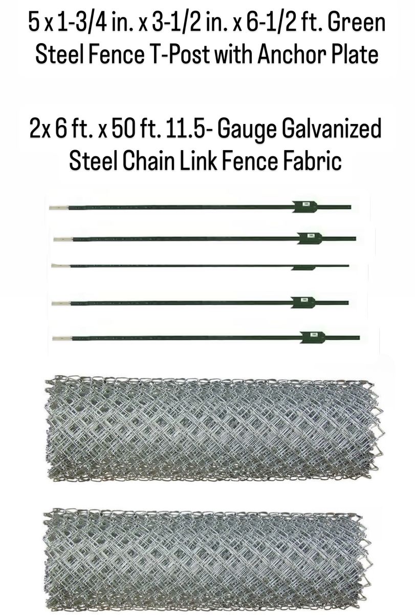 5xEverbilt 6.5 ft Green Steel Fence T-Posts & 2x 6 ft x 50 ft Galvanized Chain Link Fence