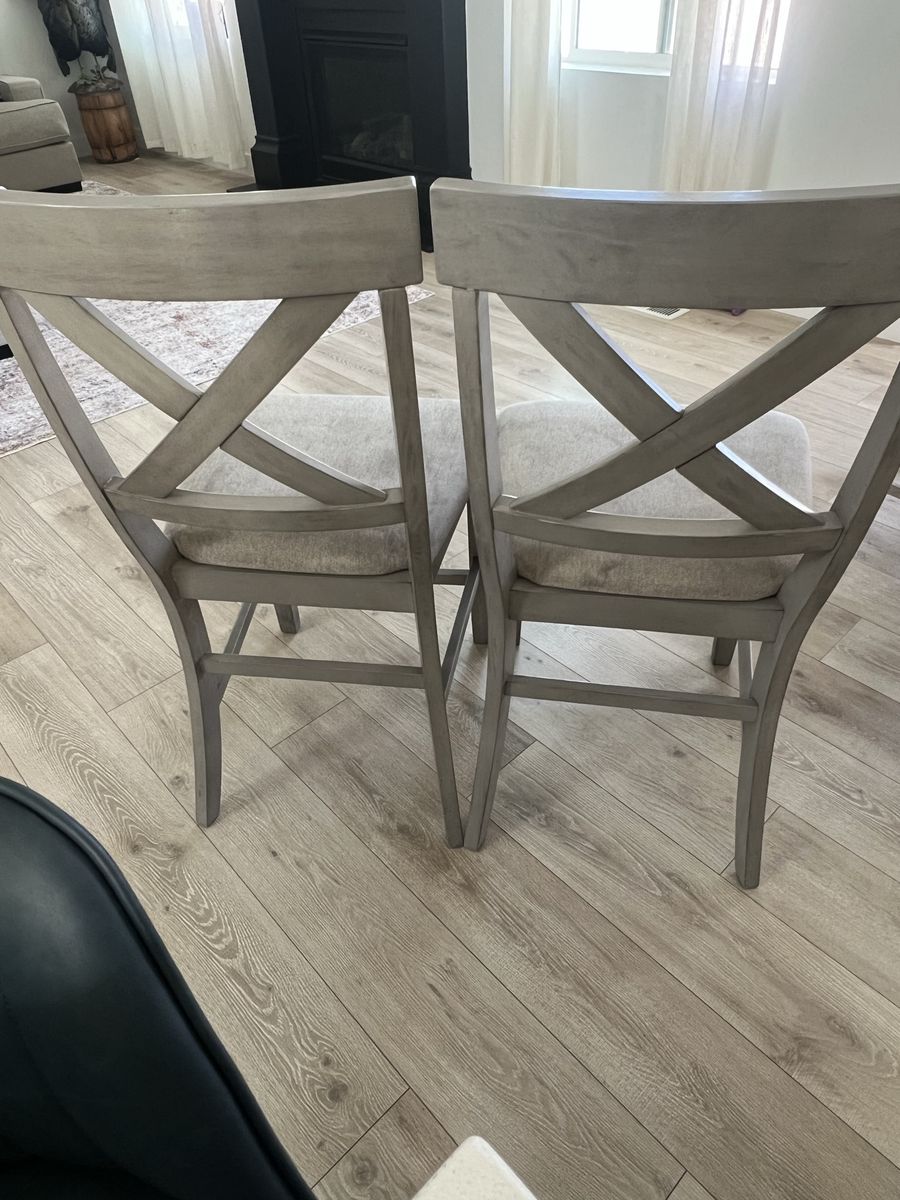 Pair of Gray Wooden X-Back Counter Height Bar Stools with Upholstered Seats