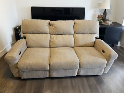 Electric Reclining Sofa - 3 Seater with USB Ports, Beige Fabric - Power Recline Couch