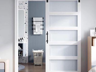 36x84 In Glass Sliding Barn Door Slab & 6.6ft Hardware Kit Incl 5 Frosted Glass, Simple DIY Assembly