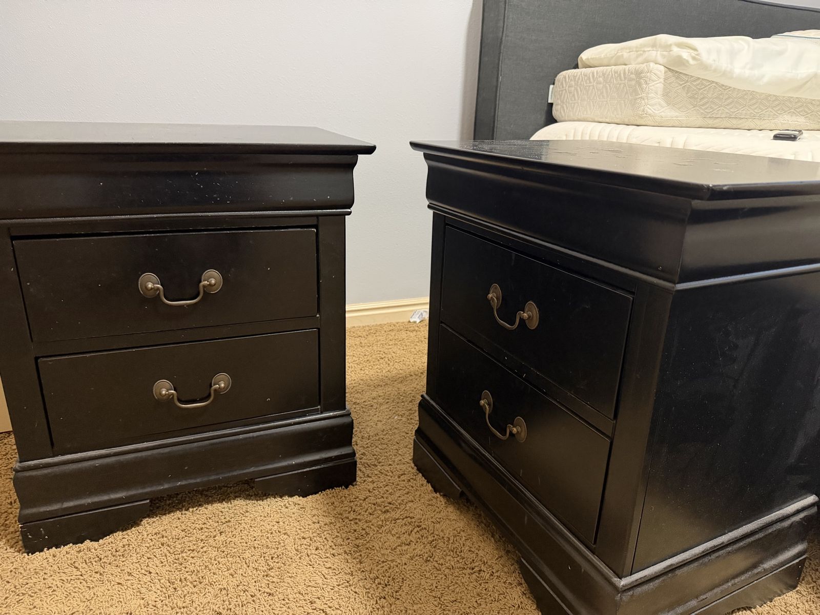Black Wood Bedroom Furniture Set: 2 Nightstands & 1 Tall Chest of Drawers