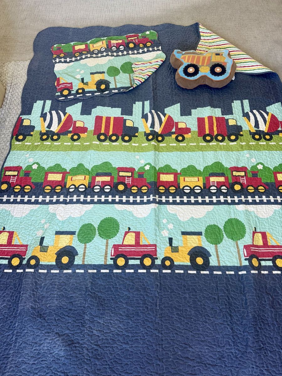 Reversible Twin Train & Truck Theme Quilt with Pillow Sham and throw pillows