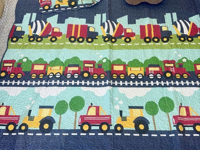 Reversible Twin Train & Truck Theme Quilt with Pillow Sham and throw pillows