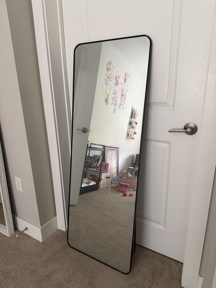 Full Length Floor Mirror with Stand, Rounded Corners, Black Frame - Modern Minimalist Design