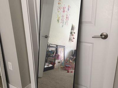 Full Length Floor Mirror with Stand, Rounded Corners, Black Frame - Modern Minimalist Design