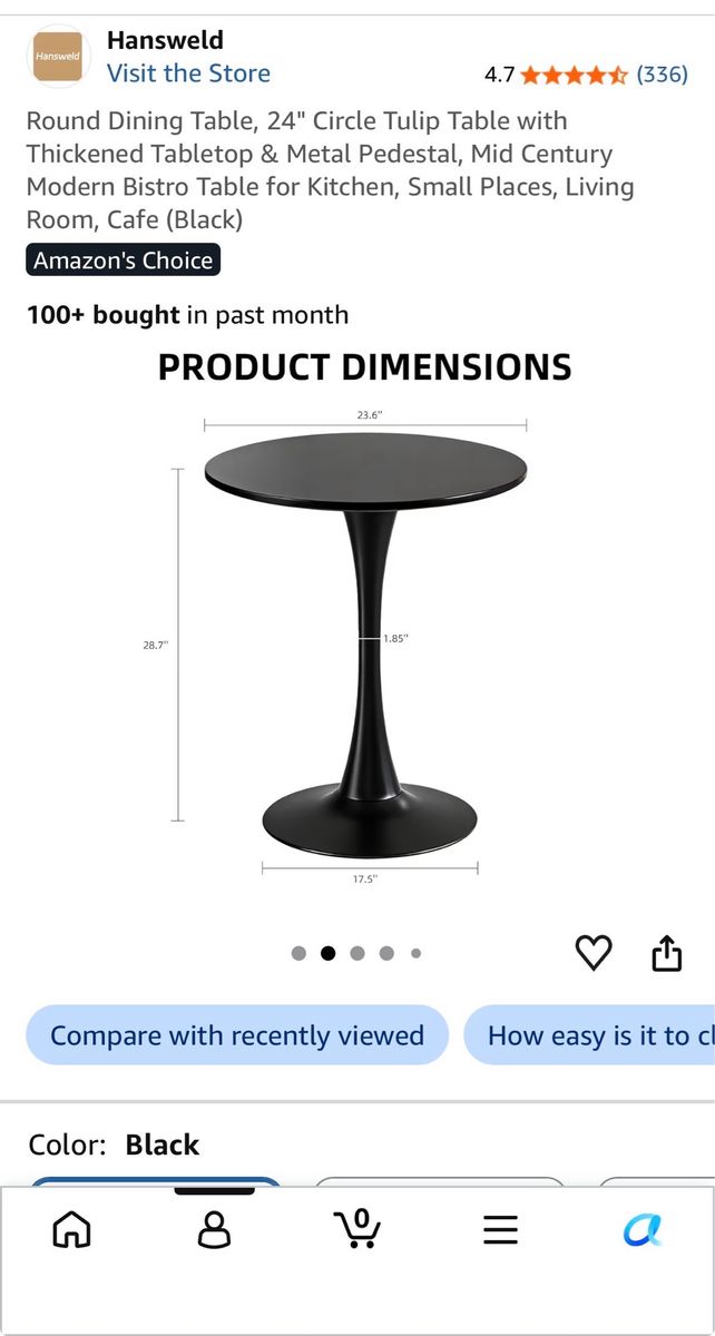 Hansweld 24" Round Tulip Dining Table Black Mid-Century Modern Bistro Pedestal Table