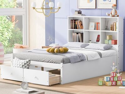 White Full Size Storage Bed Frame with 2 Drawers and Storage headboard with USB