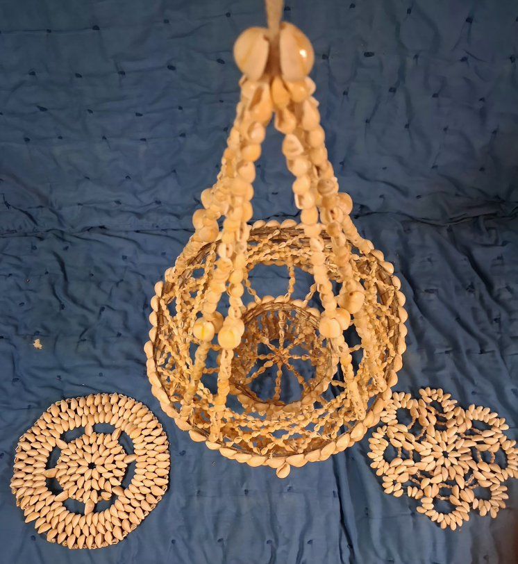 Vintage Handcrafted Seashell Hanging Basket Plant Holder Coastal Decor and two table motifs.