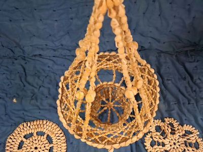 Vintage Handcrafted Seashell Hanging Basket Plant Holder Coastal Decor and two table motifs.