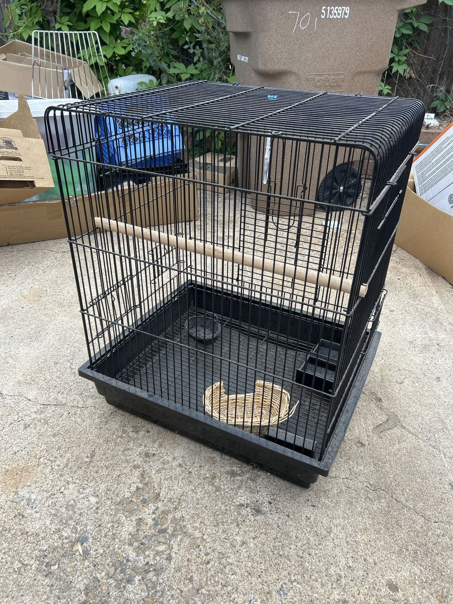 Small Black Wire Bird Cage with Perch and Accessories - Used Pet Habitat