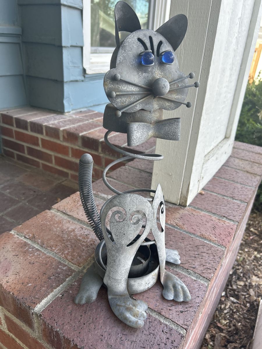 Metal Cat Outdoor Sculpture with Blue Glass Eyes