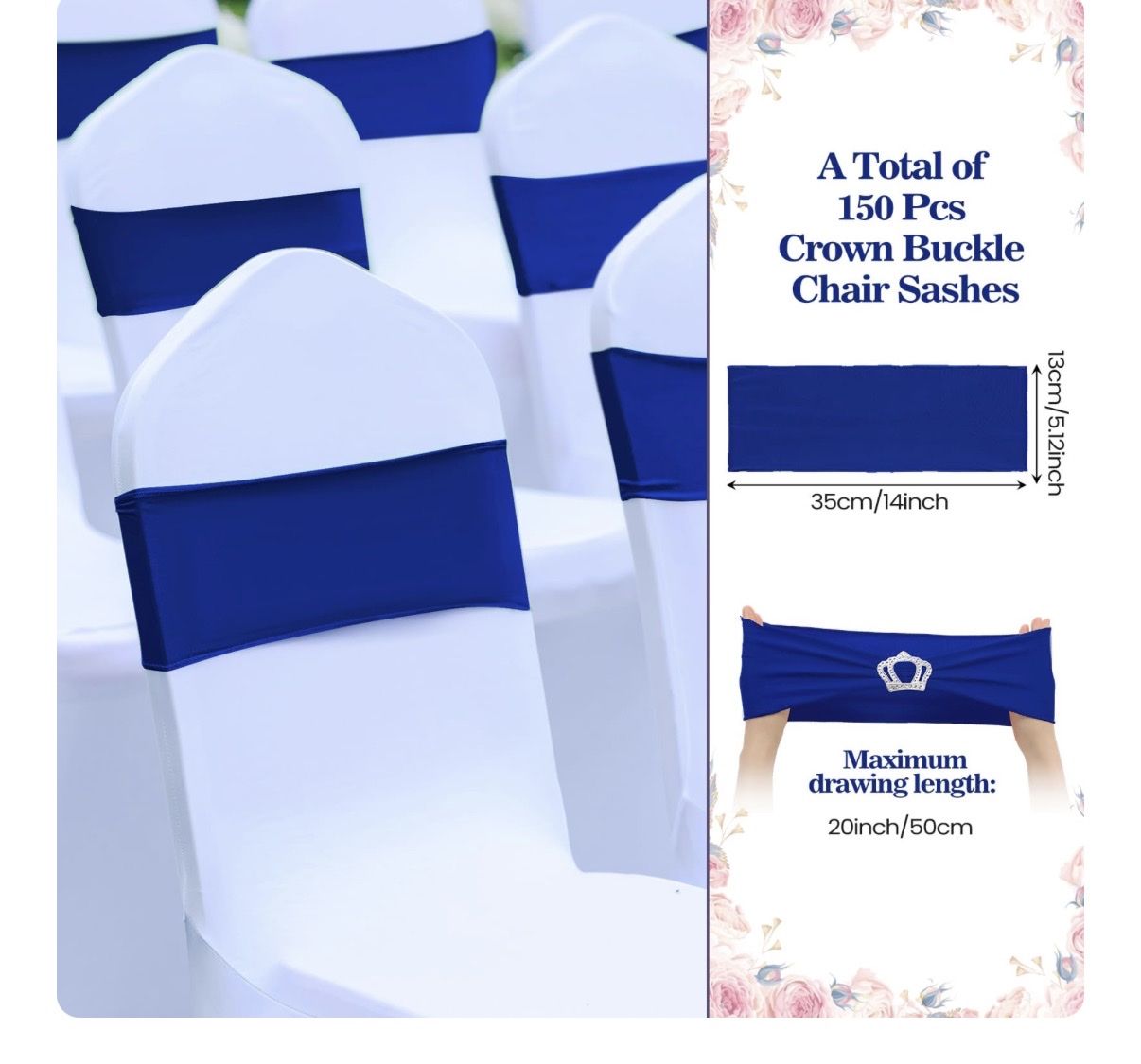 150 Pcs Royal Blue Stretch Chair Sashes with Silver Crown Buckles for Weddings and Events