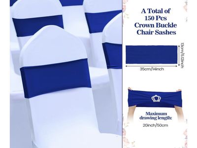 150 Pcs Royal Blue Stretch Chair Sashes with Silver Crown Buckles for Weddings and Events