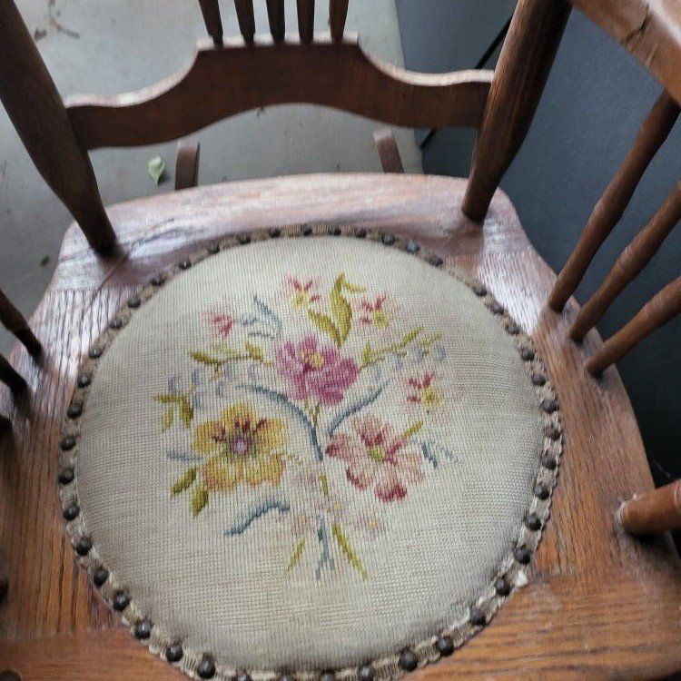 Vintage Wooden Rocking Chair with Needlepoint Seat