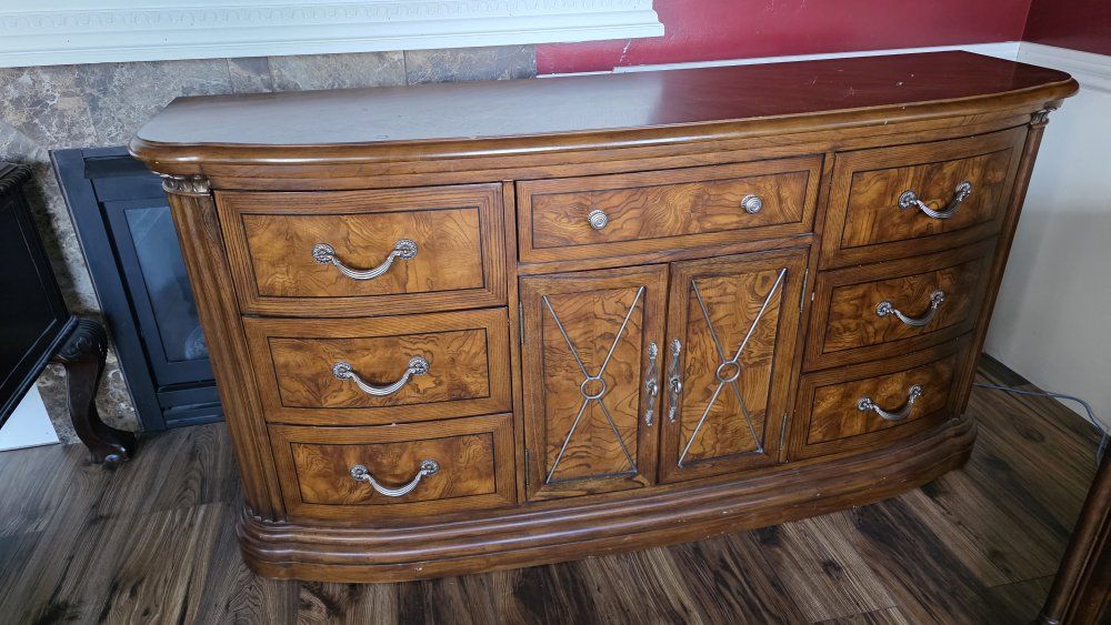 Large Wooden Credenza Buffet Sideboard with Ornate Hardware and Storage