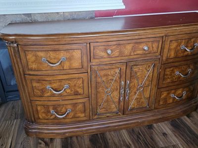 Large Wooden Credenza Buffet Sideboard with Ornate Hardware and Storage