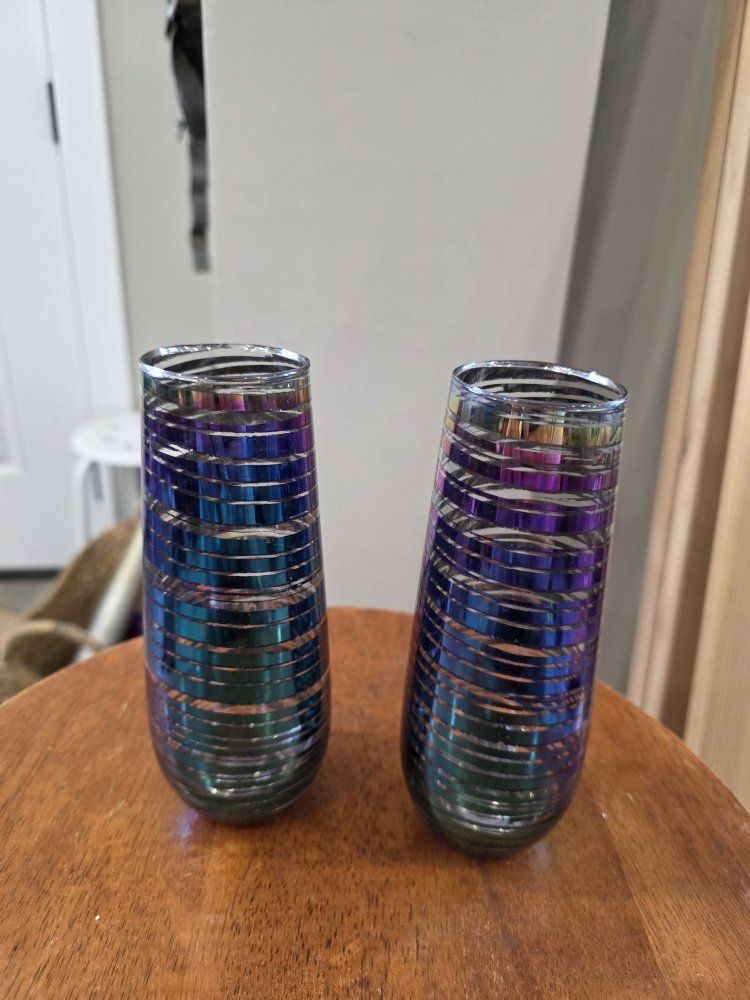 Iridescent Champagne Flutes Set of 2 - Striped Multicolor Stemless Glasses