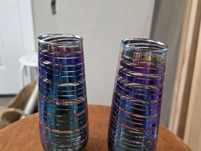 Iridescent Champagne Flutes Set of 2 - Striped Multicolor Stemless Glasses