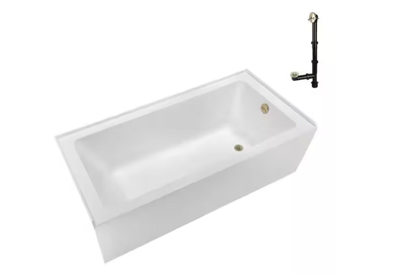 Streamline 66 in. x 32 in. Soaking Acrylic Alcove Bathtub with Right Drain in Glossy White, External Drain in Polished Brass