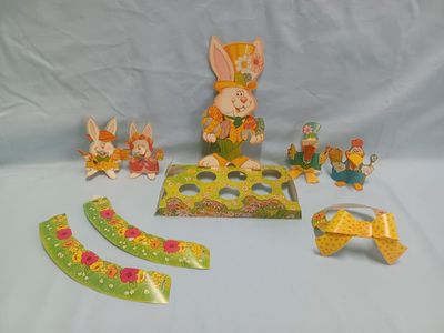 Vintage Easter Bunny/Rabbit Decorated Egg Holder Set