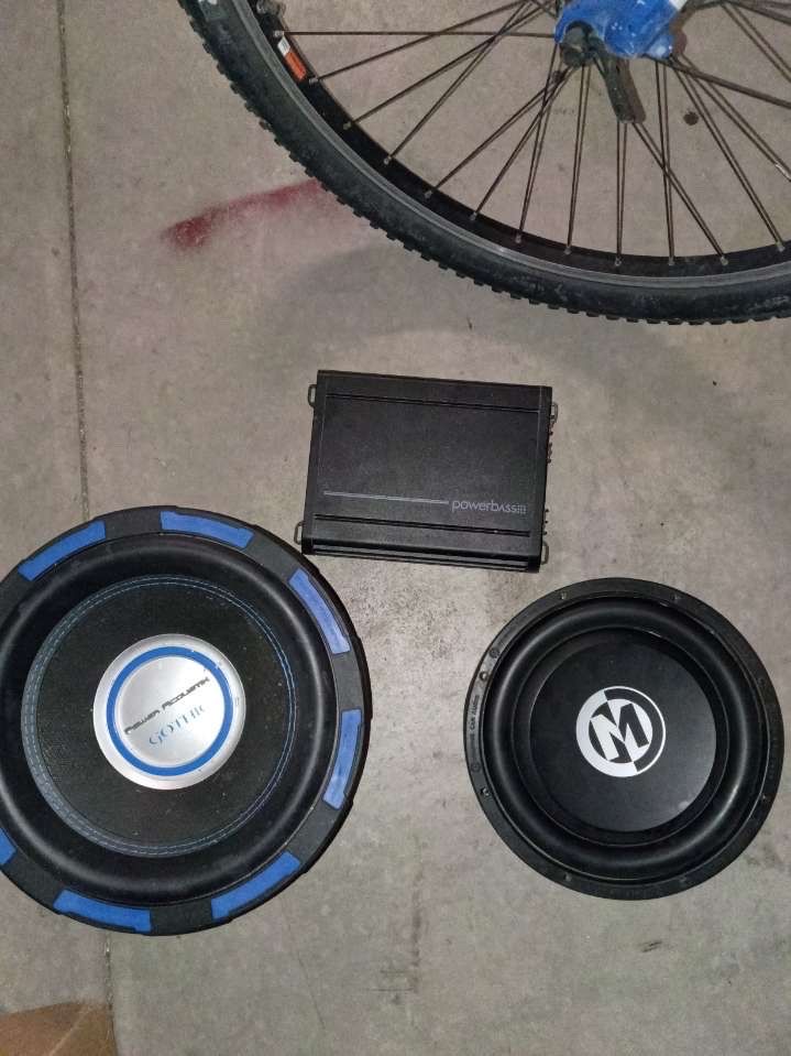 Car Audio Speaker Lot - Power Acoustik Gothic Subwoofer, Memphis Subwoofer, and PowerBass Amplifier