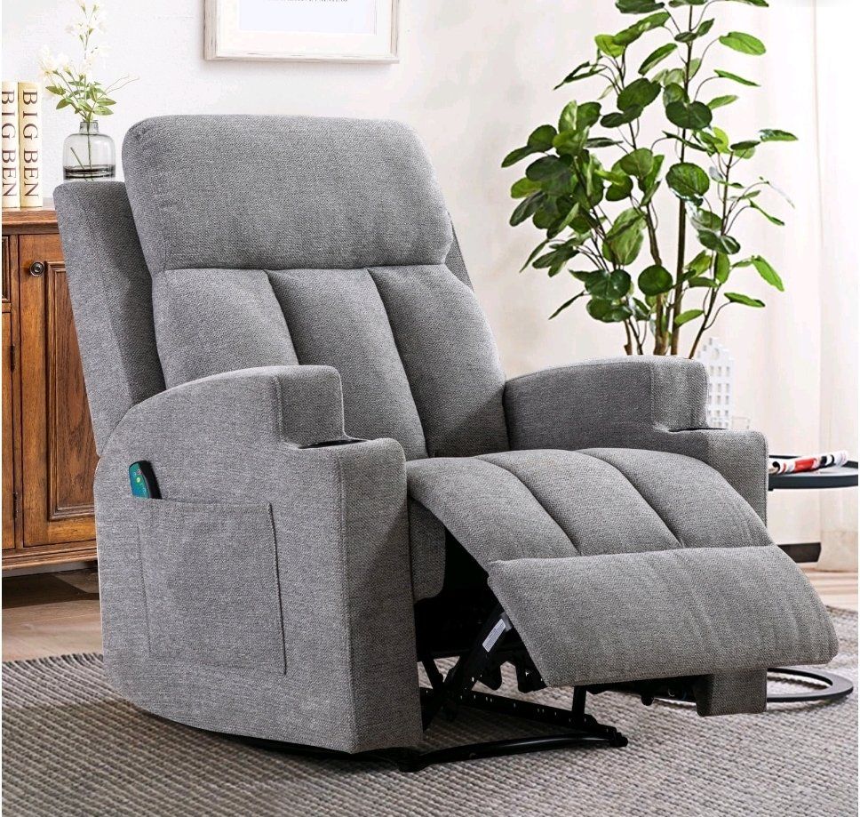 RECLINER WITH HEAT & MASSAGE | LIGHT GRAY CHENILLE | REMOTE CONTROL & CUPÓN HOLDERS