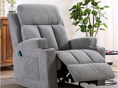 RECLINER WITH HEAT & MASSAGE | LIGHT GRAY CHENILLE | REMOTE CONTROL & CUPÓN HOLDERS