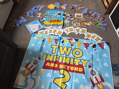 "Two Infinity and Beyond" themed birthday decoration set is a "Toy Inspired Story 2nd Birthday Party Supplies" kit