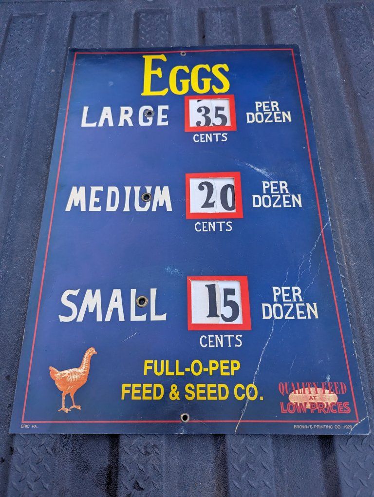 FREE DELIVERY Rare 1929 Full-O-Pep Feed & Seed Egg Pinwheel Price Sign 12x18