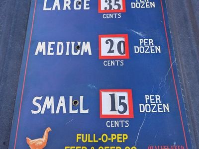 FREE DELIVERY Rare 1929 Full-O-Pep Feed & Seed Egg Pinwheel Price Sign 12x18