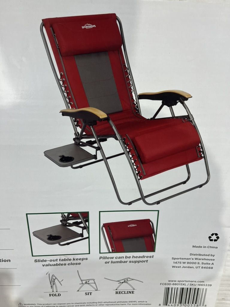 Sportsmans Warehouse Deluxe Zero Gravity Recliner Chair Slide-Out Table Red