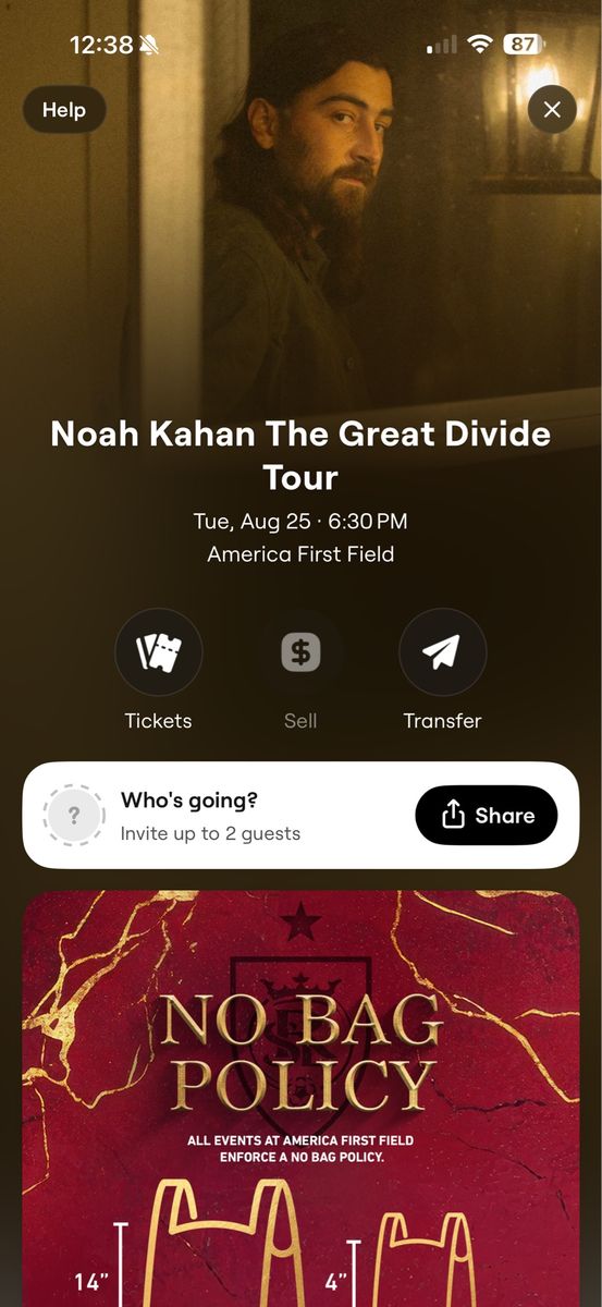 2 Noah Kahan Concert Tickets - America First Field - Tue Aug 25 - Sec 2 Row V