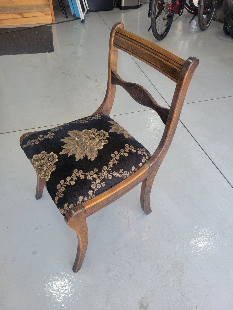 Vintage Wooden Dining Chairs - Set of 4 with Black & Gold Floral Upholstery