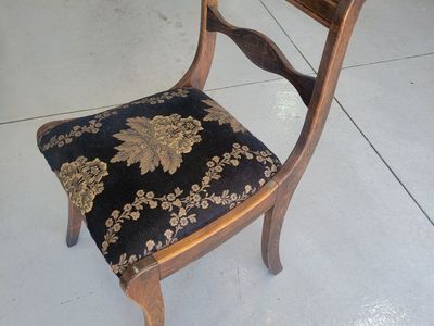 Vintage Wooden Dining Chairs - Set of 4 with Black & Gold Floral Upholstery