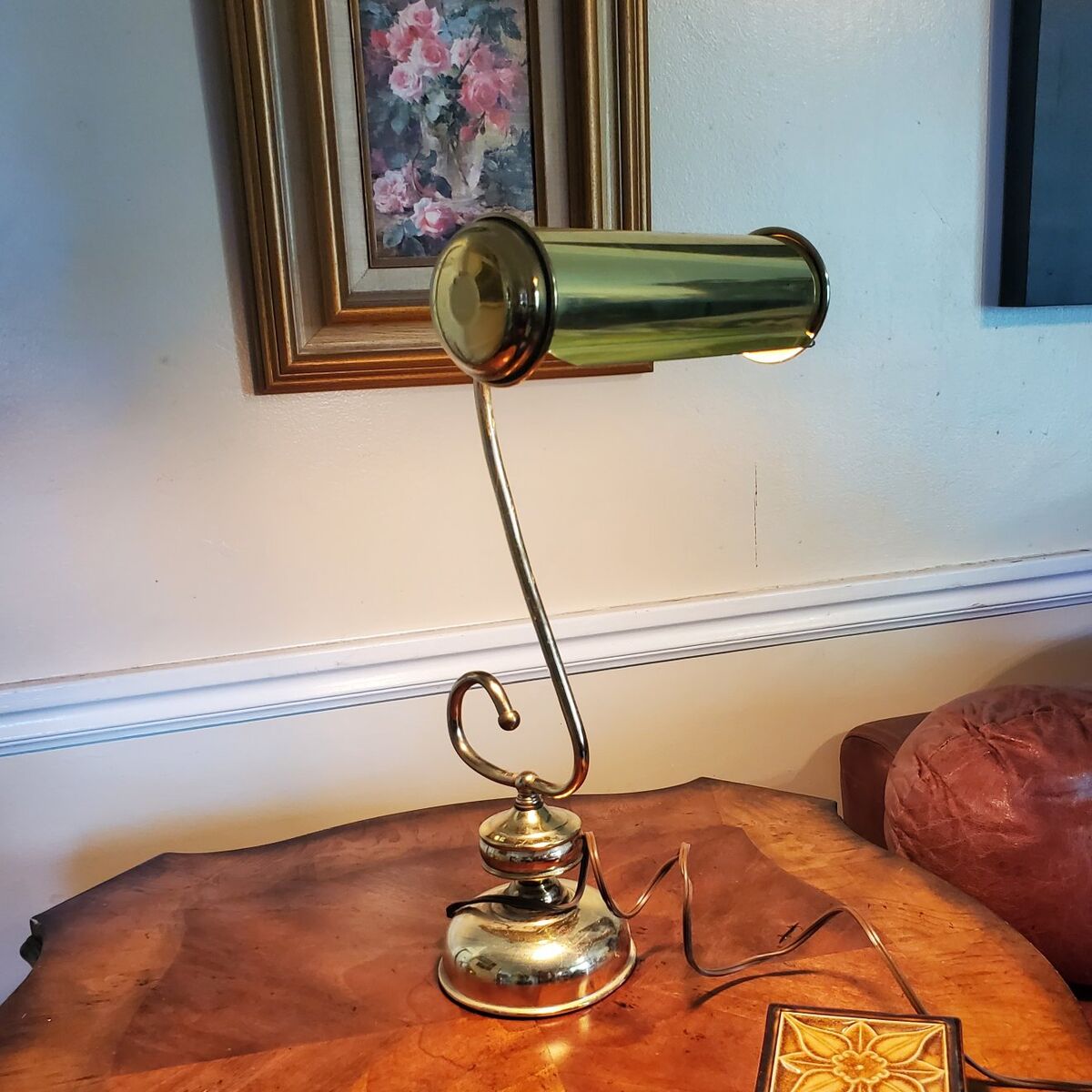 Vintage Scrolled Stem Brass Bankers Desk Lamp