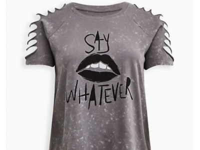 Torrid LoveSick | Slashed Sleeve | Gray Wash Cotton | Say Whatever Graphic Tee | Shirt | Size 2 Plus