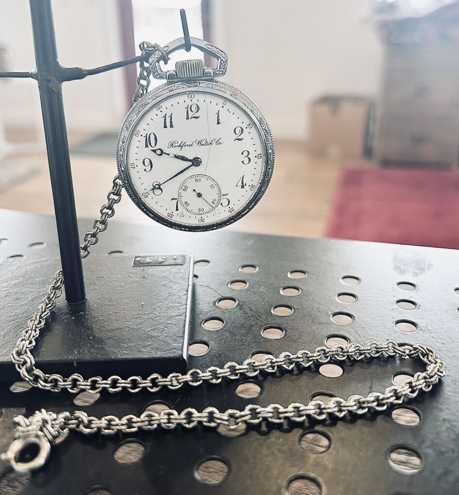 rockford watch co pocket watch train etched back