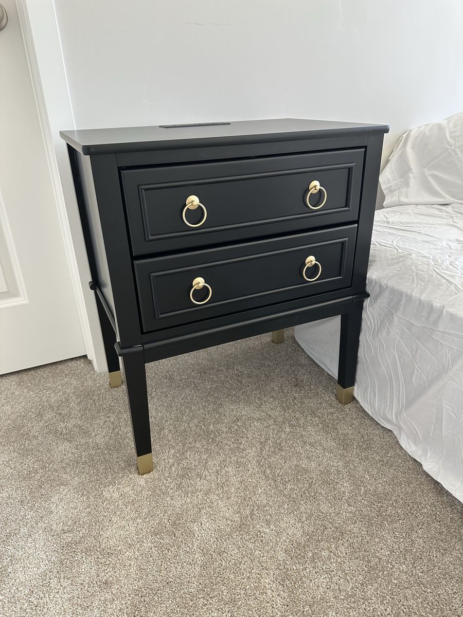 Set of Two | Double Drawer Wood Black Nightstands w/ Gold Knobs