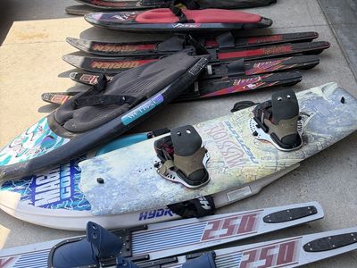 Water Sports Gear Lot - Water Skis, Kneeboards, Wakeboard & Life Vests for small children