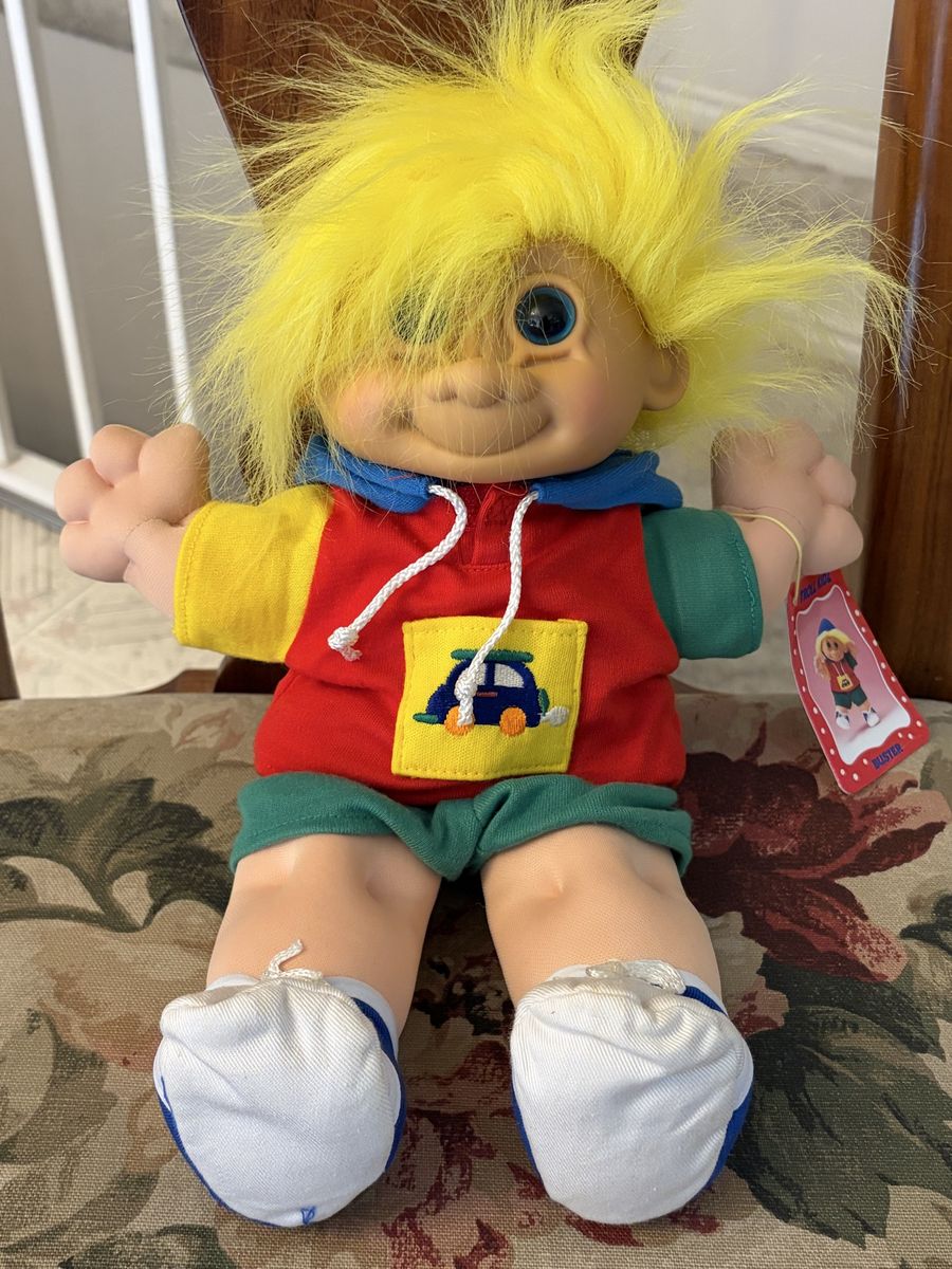 Russ Berrie Troll Kidz 12” Buster Soft Body Troll Doll - Yellow Hair, Blue Eyes, Vintage