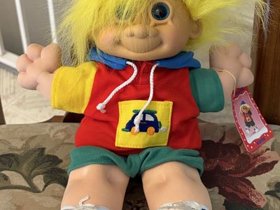 Russ Berrie Troll Kidz 12” Buster Soft Body Troll Doll - Yellow Hair, Blue Eyes, Vintage