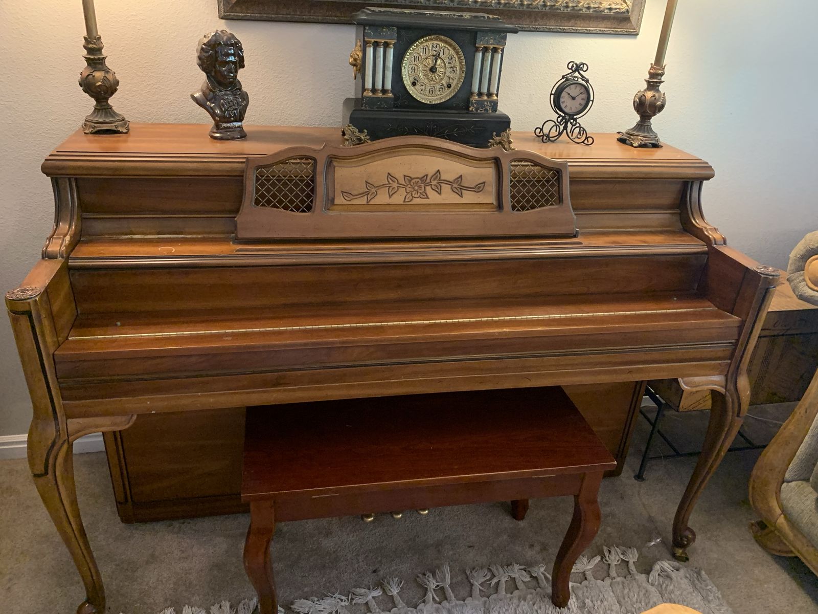 Vintage Spinet Piano - Ornate Wood Carvings & Mid-Century Charm