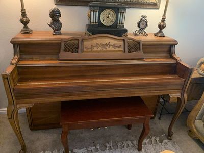 Vintage Spinet Piano - Ornate Wood Carvings & Mid-Century Charm
