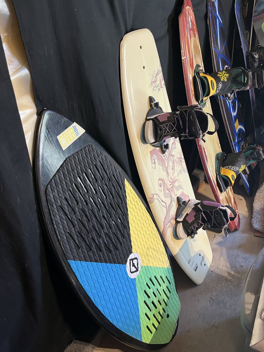 wakeboards and surfboard