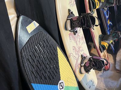 wakeboards and surfboard