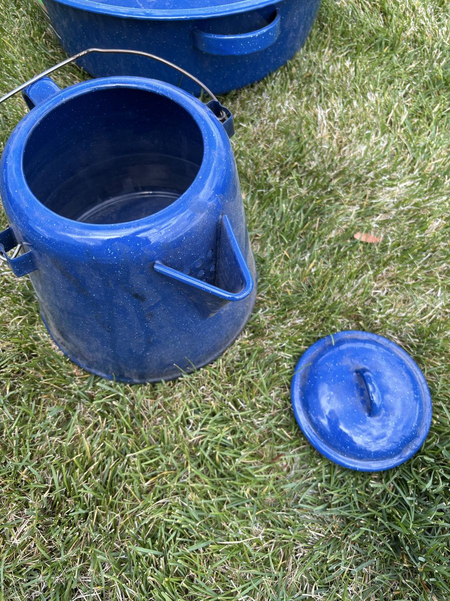 Blue enamelware camping coffee pop/percolator