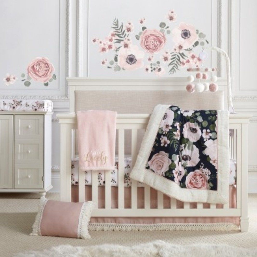 Levtex Baby Fiori Floral 4-Piece Crib Bedding Set - Fitted Sheet, Quilt, Skirt, Wall Decals, Pink/Navy