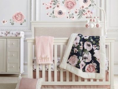 Levtex Baby Fiori Floral 4-Piece Crib Bedding Set - Fitted Sheet, Quilt, Skirt, Wall Decals, Pink/Navy