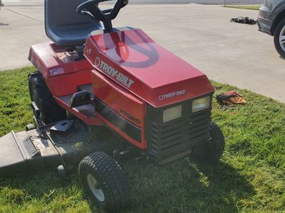 -- Troy-Bilt LTX16 Lawn Tractor Package -- 48" deck, power mulcher, 26" rear mount tiller, 42" blade, 10 cu. ft. trailer --